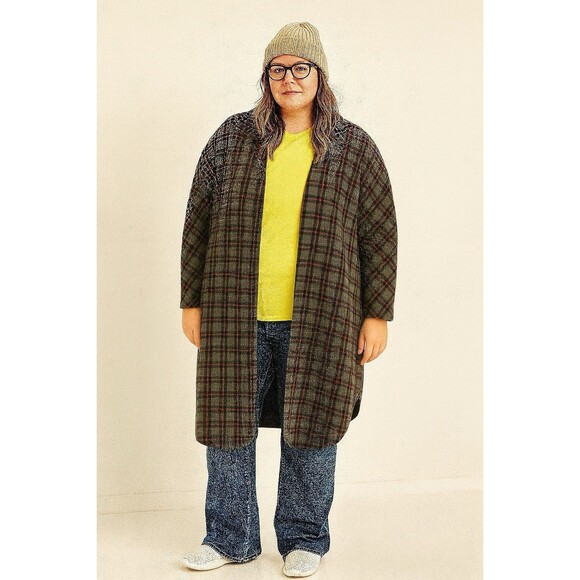 Vtg Plaid Fleece Lined Reversible Long Shacket Plus OS One Button Closure Gray - Picture 1 of 13